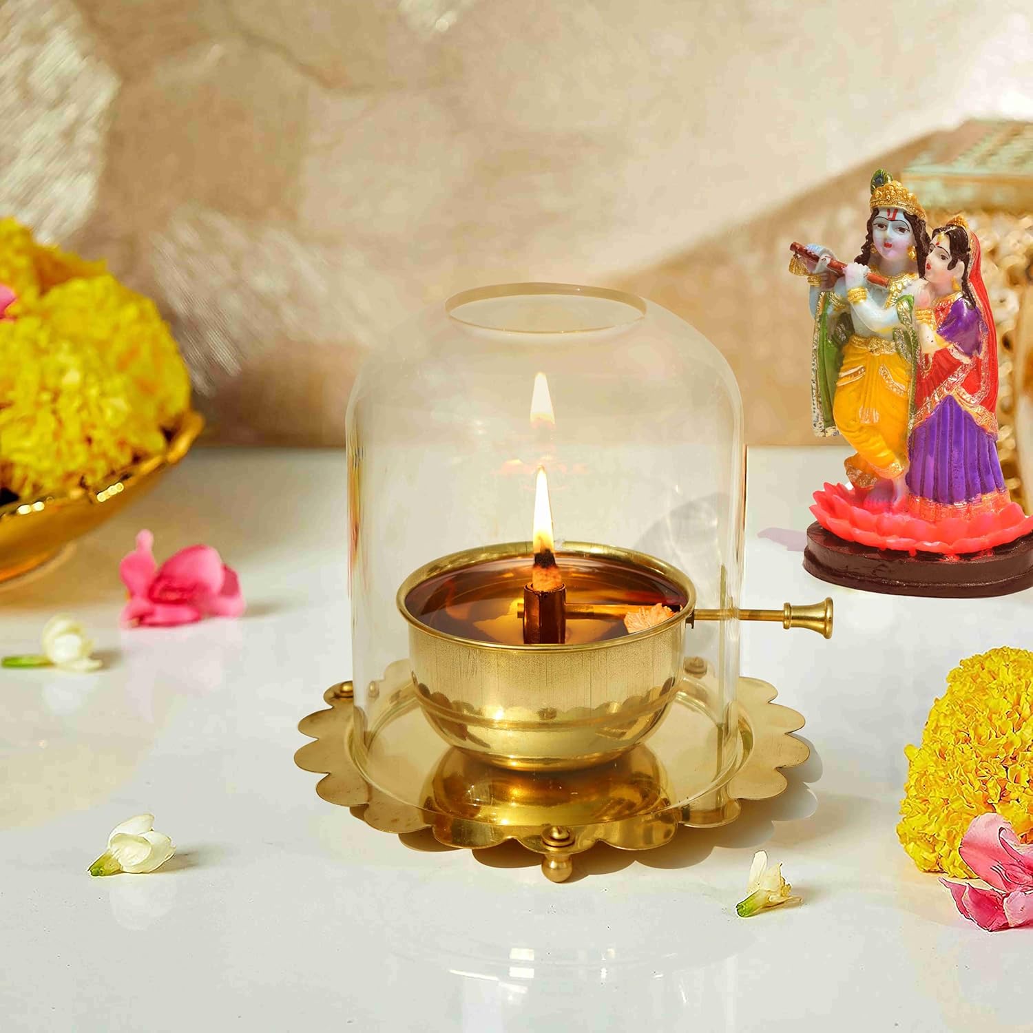 Brass Akhand Jyot Diya with Adjustable Bati Knob (Small - 90 ML)