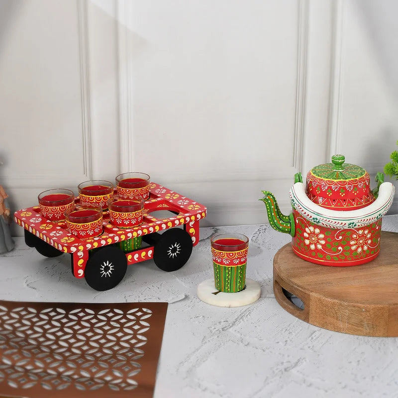 HandPainted Alluminium Tea Kettle with Six Glasses and Wooden Tray For Home Décor , Tea Party , Serving