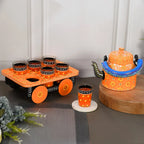 HandPainted Alluminium Tea Kettle with Six Glasses and Wooden Tray For Home Décor , Tea Party , Serving