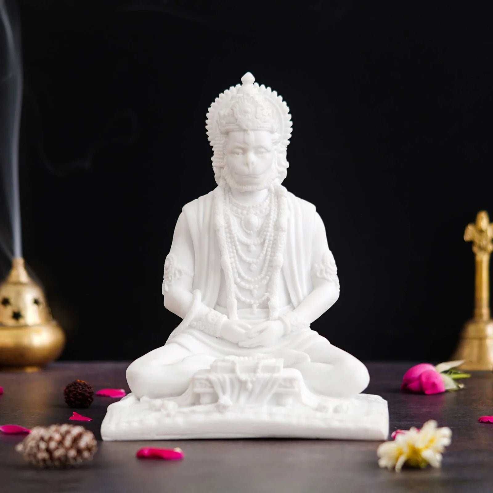 White Marble Lord Hanuman Ji Sitting Statue with gada & Reading Book Decorative Showpiece