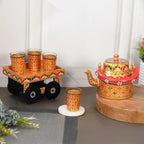 HandPainted Alluminium Tea Kettle with Four Glasses and Wooden Tray For Home Décor , Tea Party , Serving