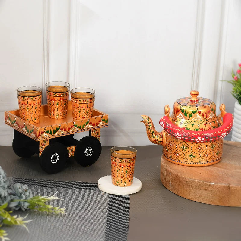 HandPainted Alluminium Tea Kettle with Four Glasses and Wooden Tray For Home Décor , Tea Party , Serving