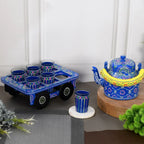 HandPainted Alluminium Tea Kettle with Six Glasses and Wooden Tray For Home Décor , Tea Party , Serving