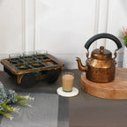 HandPainted Alluminium Tea Kettle with Six Glasses and Wooden Tray For Home Décor , Tea Party , Serving