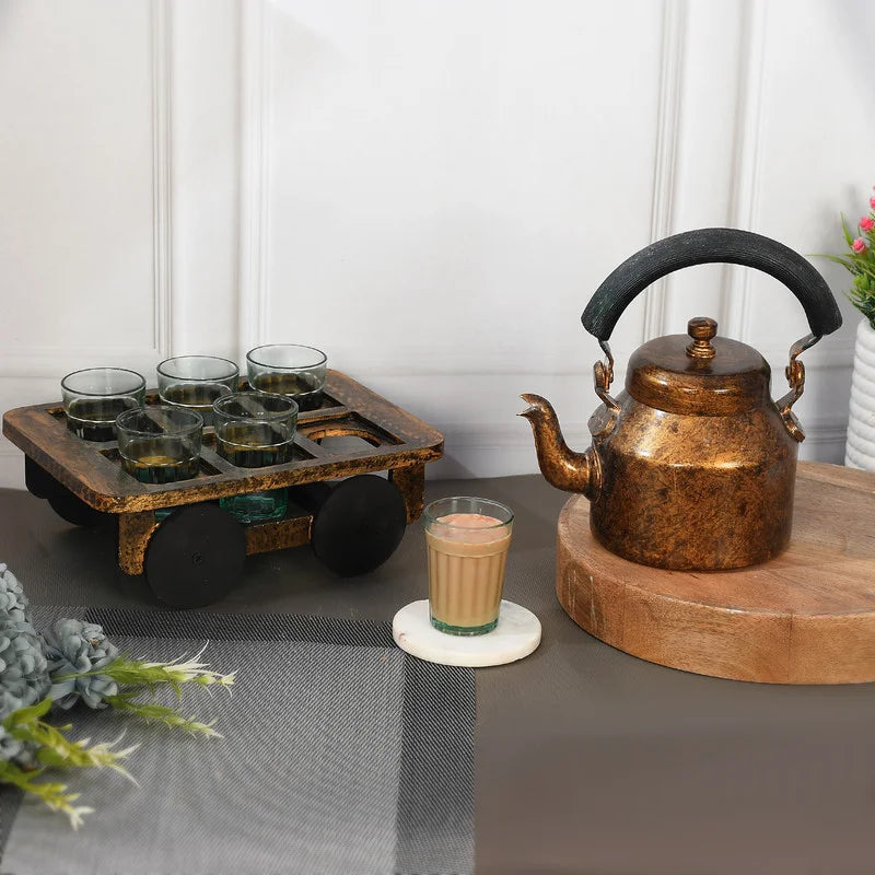 HandPainted Alluminium Tea Kettle with Six Glasses and Wooden Tray For Home Décor , Tea Party , Serving