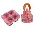 HandPainted Alluminium Tea Kettle with Four Glasses and Wooden Tray For Home Décor , Tea Party , Serving
