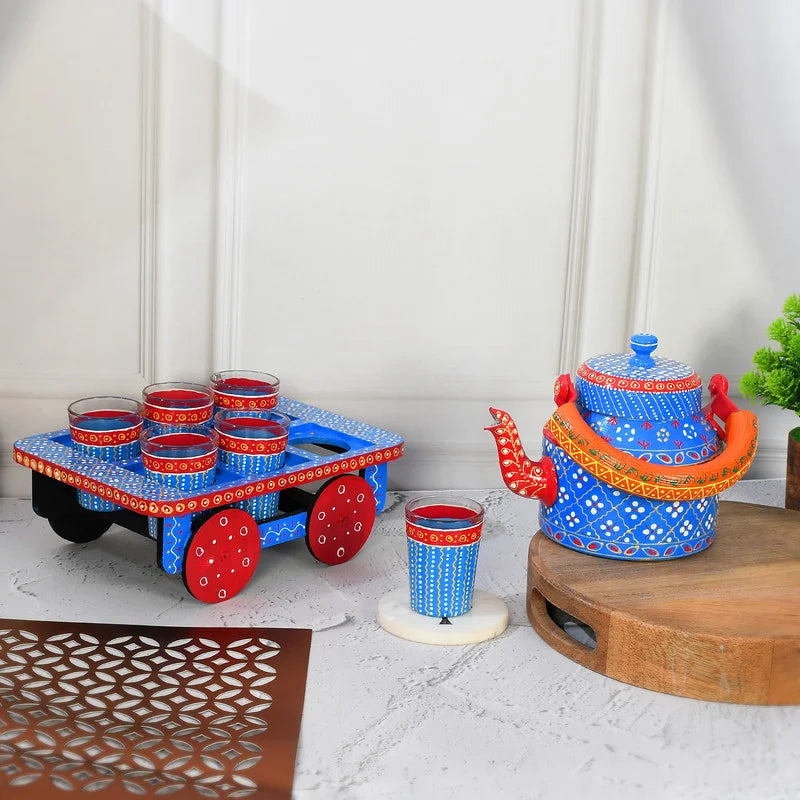 HandPainted Alluminium Tea Kettle with Six Glasses and Wooden Tray For Home Décor , Tea Party , Serving