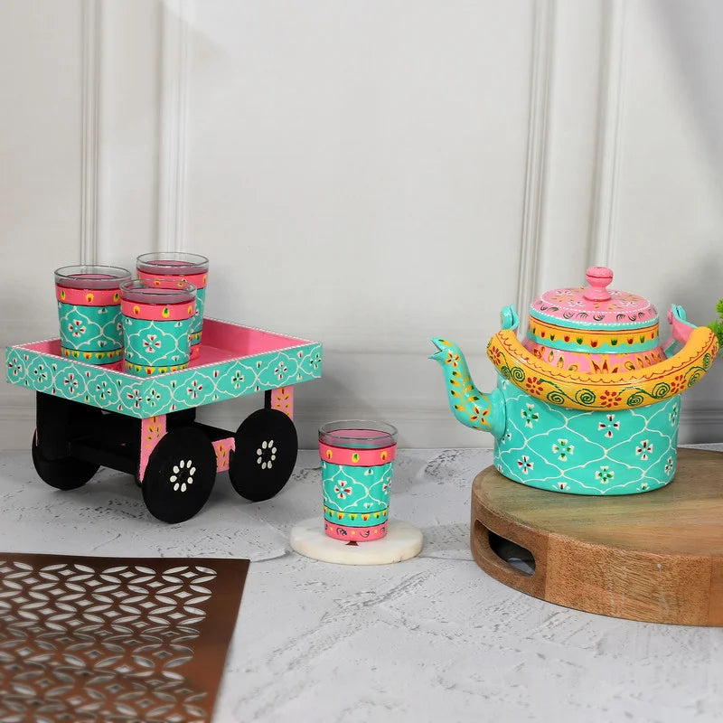 HandPainted Alluminium  Sea Green Tea Kettle with Four Glasses and Wooden Tray For Home Décor , Tea Party , Serving