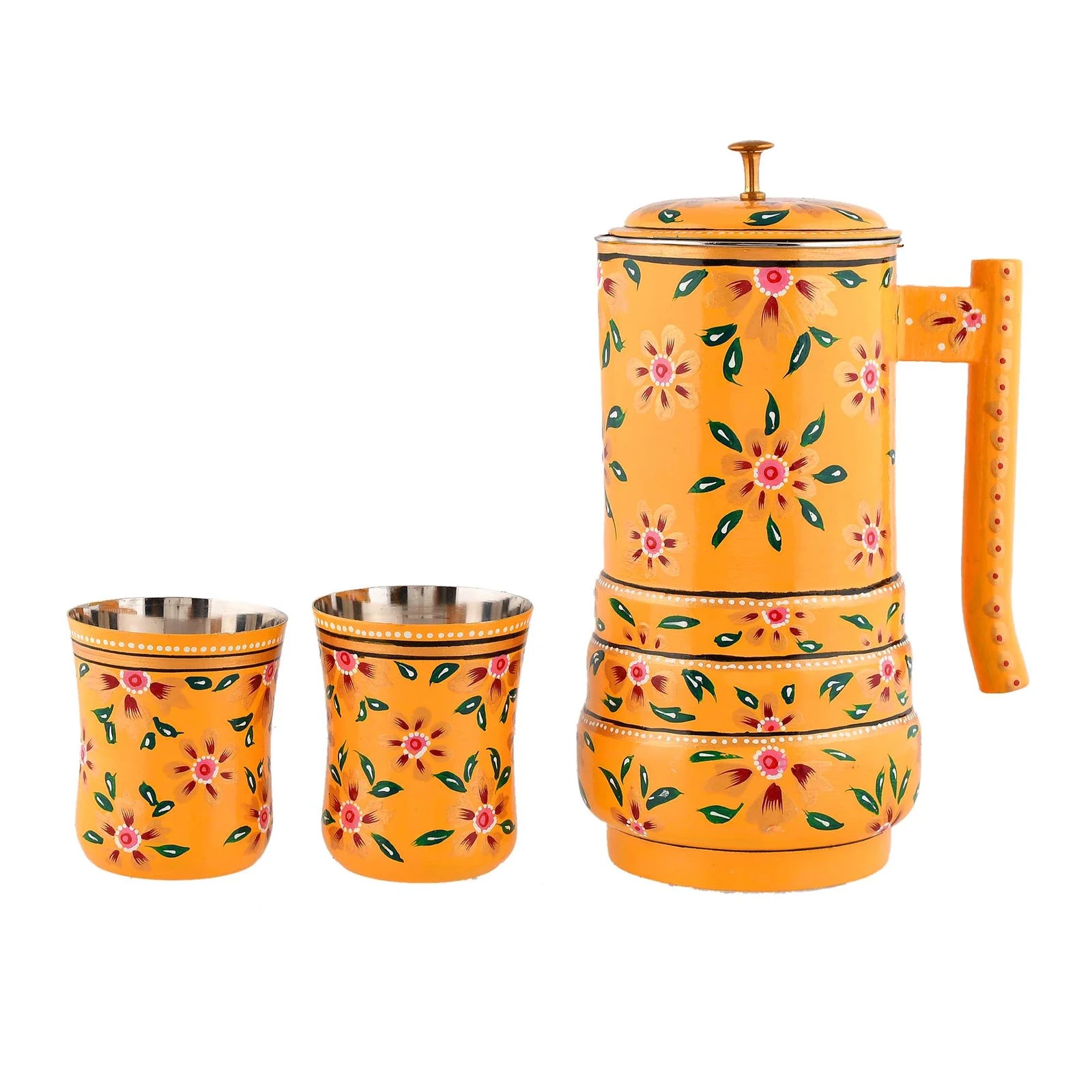 Aluminium Jug Set with 2 Glass Tumblers – 21 cm for kitchen décor ,Table Top , And Home Decoration