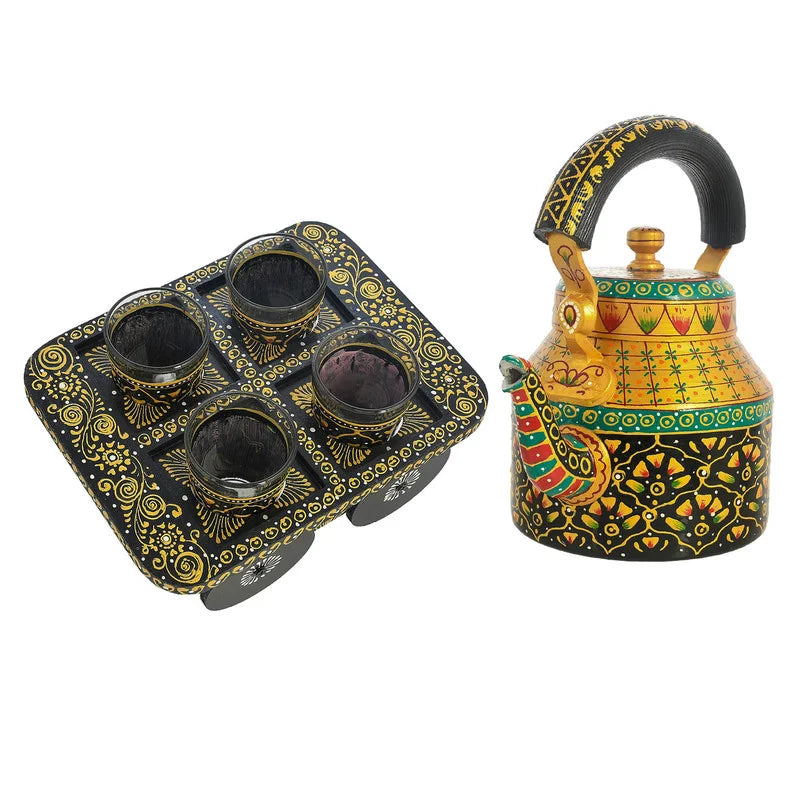 HandPainted Alluminium Tea Kettle with Four Glasses and Wooden Tray For Home Décor , Tea Party , Serving