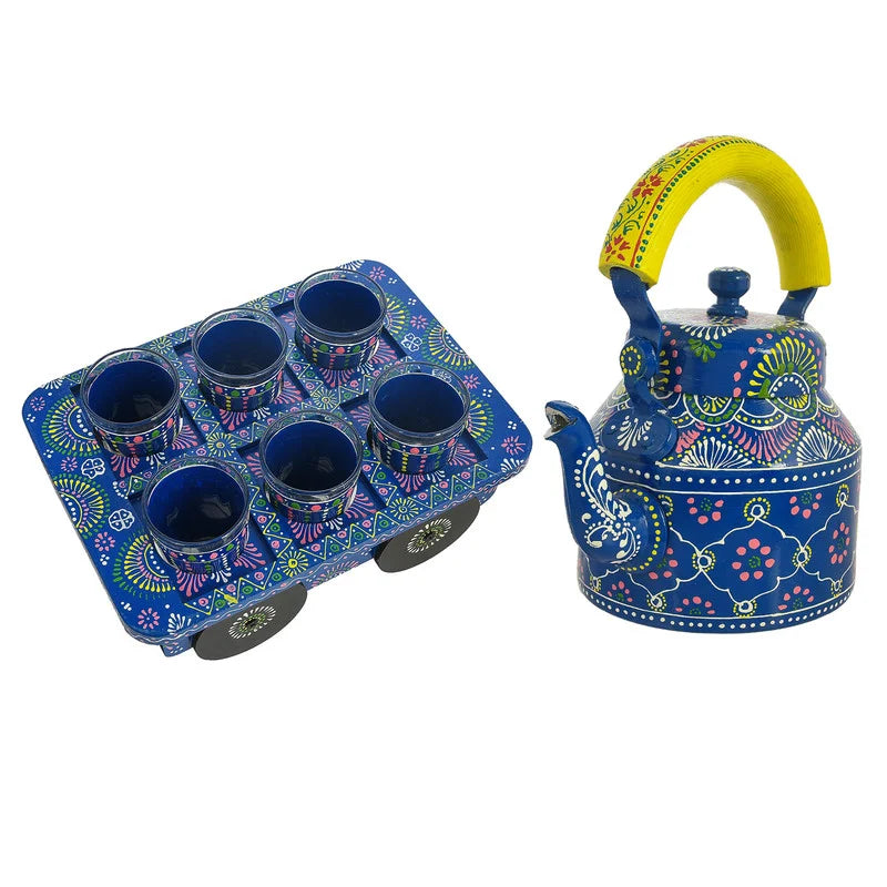 HandPainted Alluminium Tea Kettle with Six Glasses and Wooden Tray For Home Décor , Tea Party , Serving