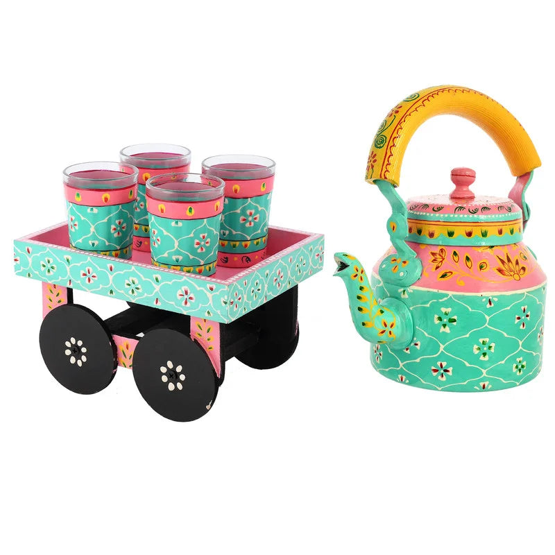 HandPainted Alluminium  Sea Green Tea Kettle with Four Glasses and Wooden Tray For Home Décor , Tea Party , Serving