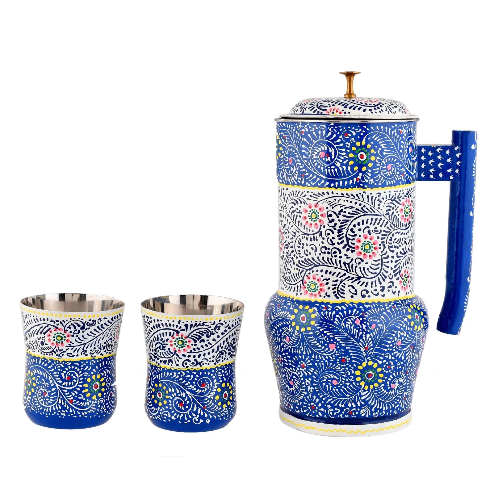 Aluminium Jug Set with 2 Glass Tumblers – 21 cm for kitchen décor ,Table Top , And Home Decoration