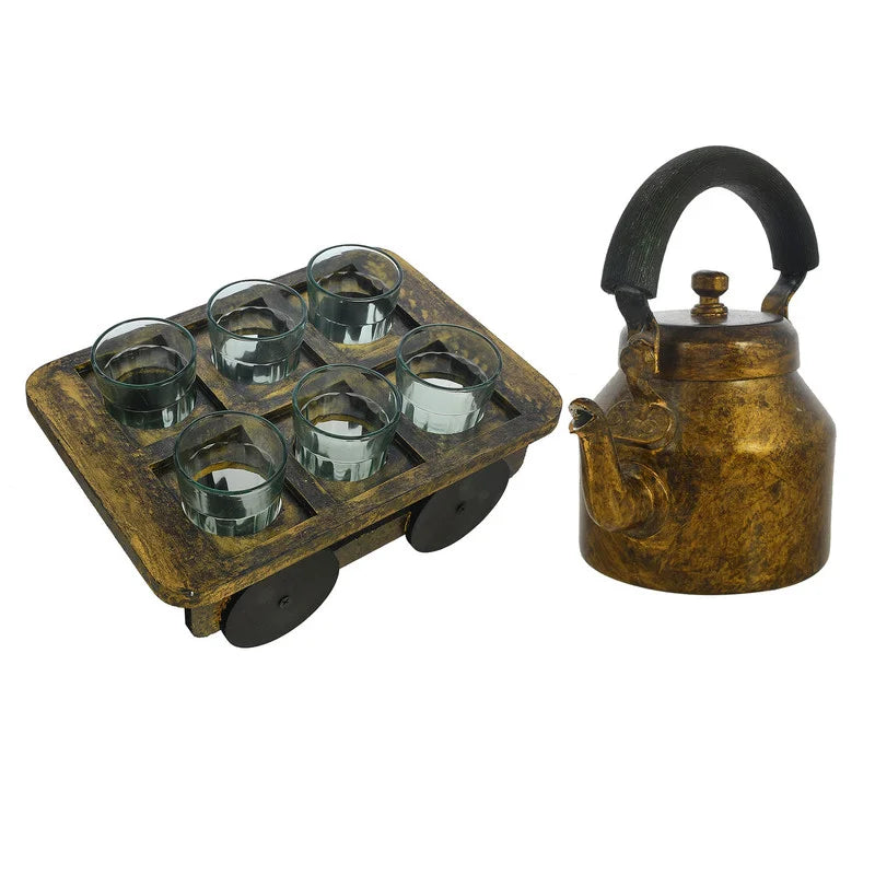 HandPainted Alluminium Tea Kettle with Six Glasses and Wooden Tray For Home Décor , Tea Party , Serving