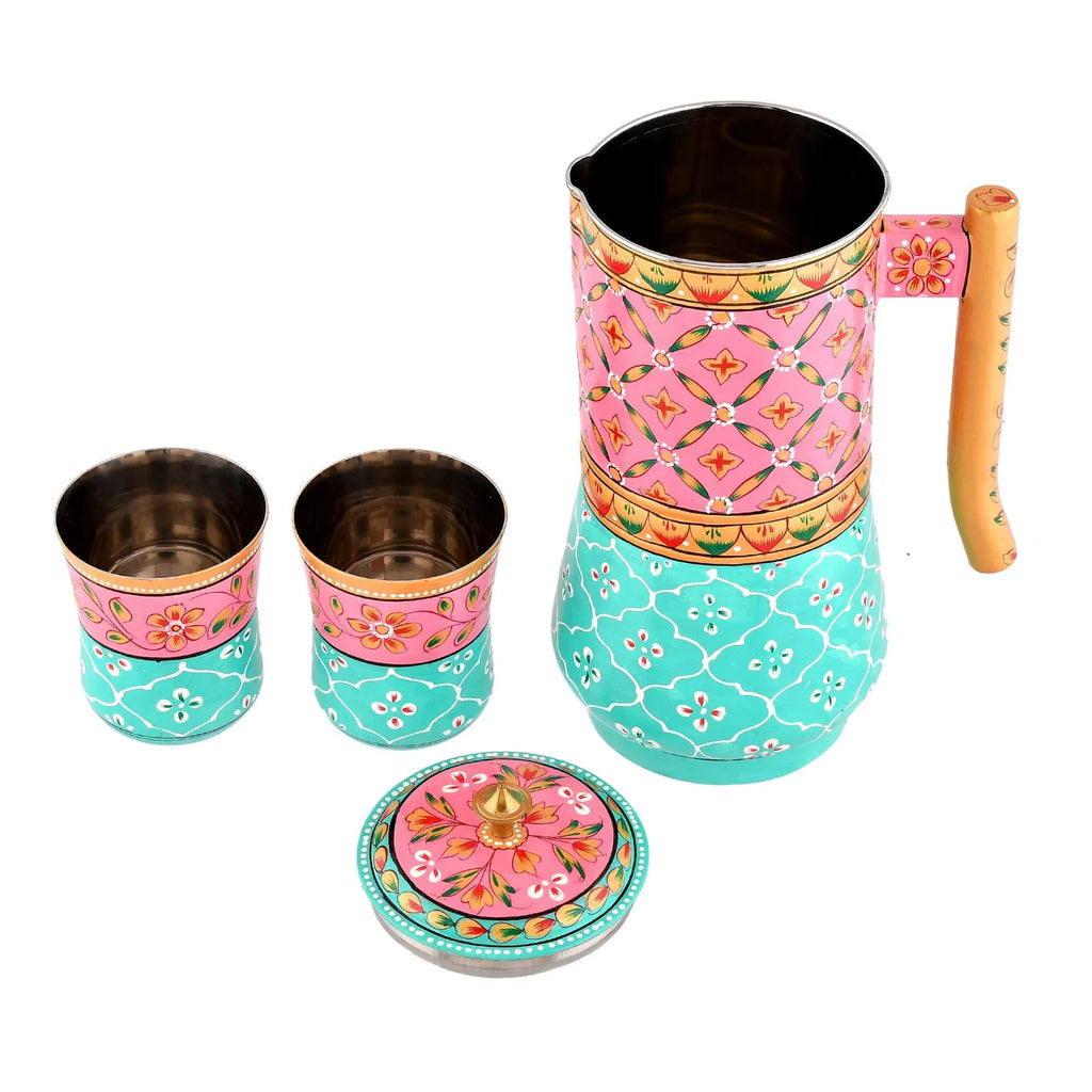 Aluminium Jug Set with 2 Glass Tumblers – 21 cm for kitchen décor ,Table Top , And Home Decoration