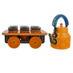 HandPainted Alluminium Tea Kettle with Six Glasses and Wooden Tray For Home Décor , Tea Party , Serving