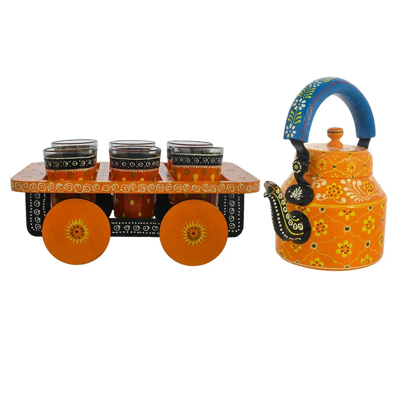 HandPainted Alluminium Tea Kettle with Six Glasses and Wooden Tray For Home Décor , Tea Party , Serving