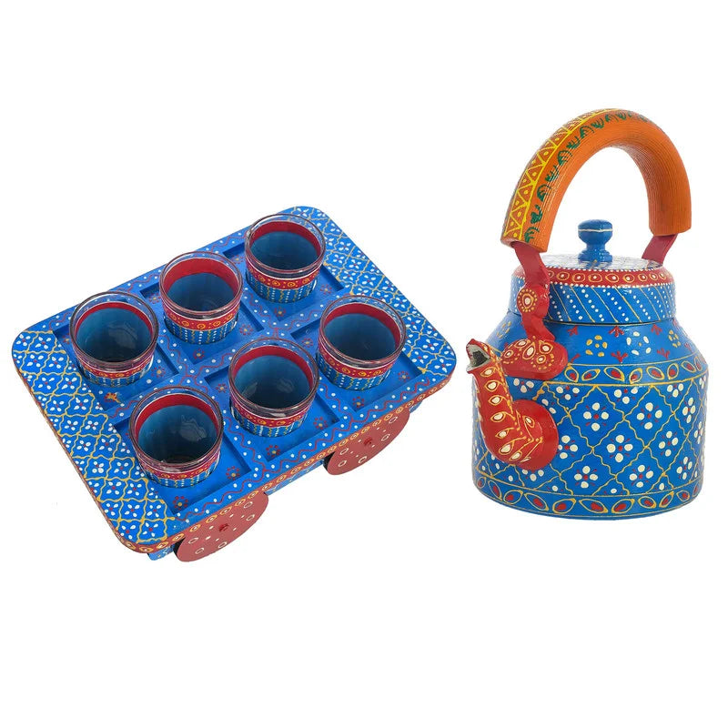 HandPainted Alluminium Tea Kettle with Six Glasses and Wooden Tray For Home Décor , Tea Party , Serving