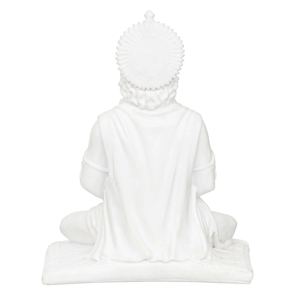 White Marble Lord Hanuman Ji Sitting Statue with gada & Reading Book Decorative Showpiece
