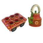 HandPainted Alluminium Tea Kettle with Six Glasses and Wooden Tray For Home Décor , Tea Party , Serving