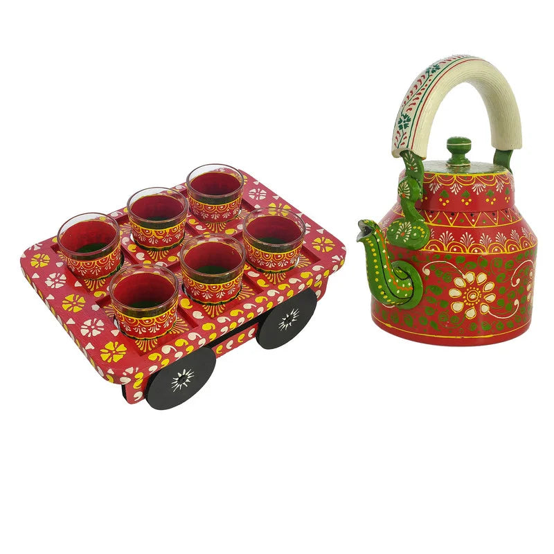 HandPainted Alluminium Tea Kettle with Six Glasses and Wooden Tray For Home Décor , Tea Party , Serving