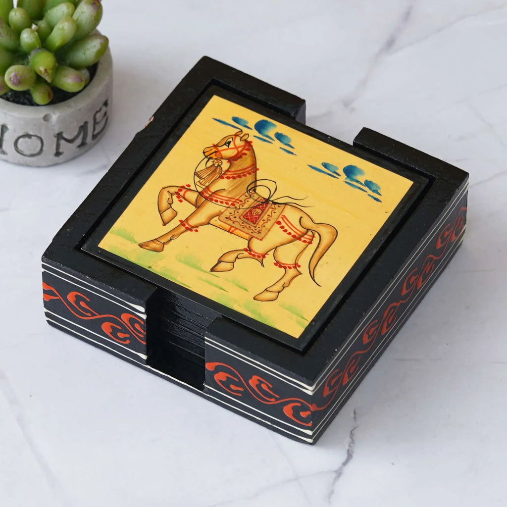 Handcrafted Wooden Horse Hand-Painted Tea Coaster Set: Artistic Table Protection