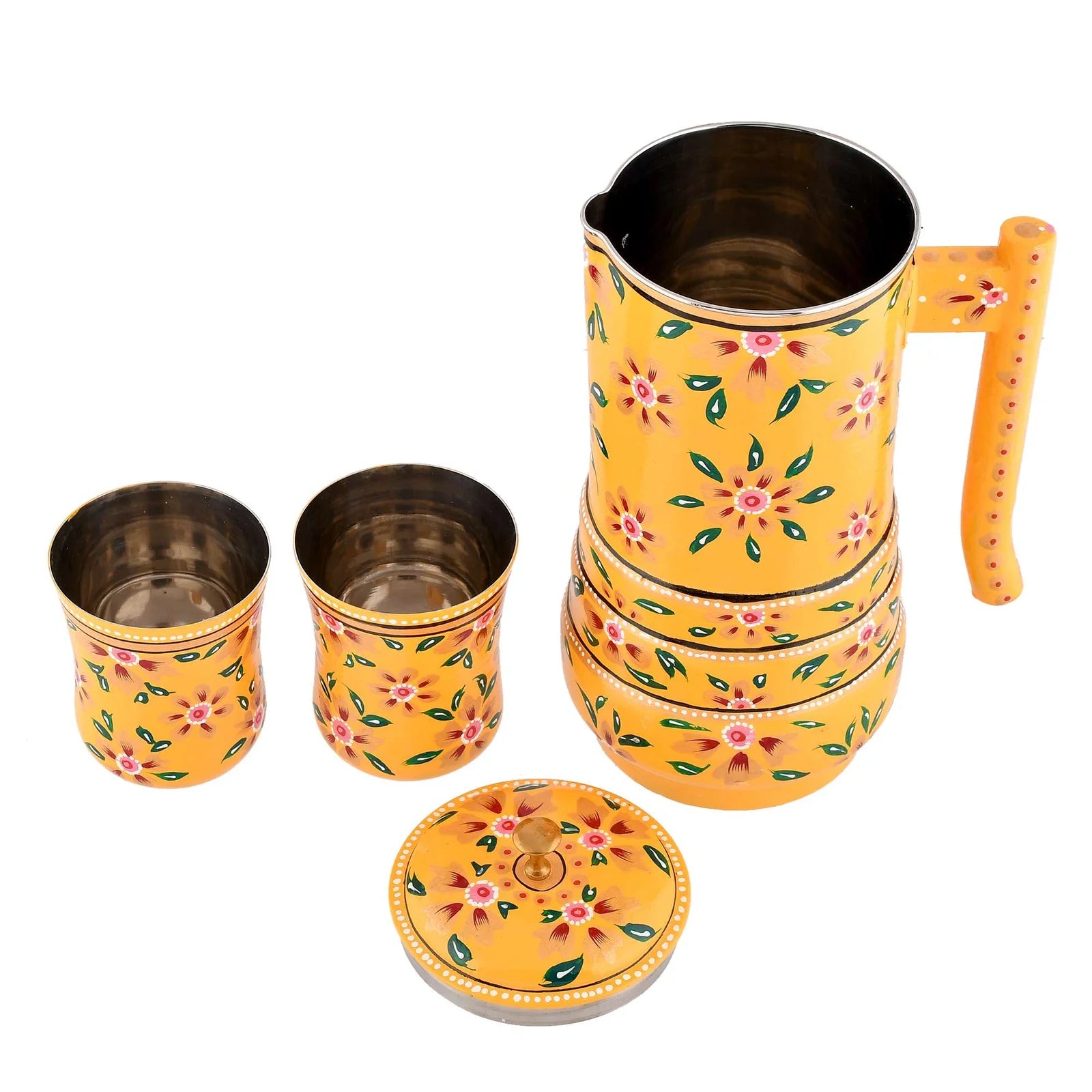Aluminium Jug Set with 2 Glass Tumblers – 21 cm for kitchen décor ,Table Top , And Home Decoration