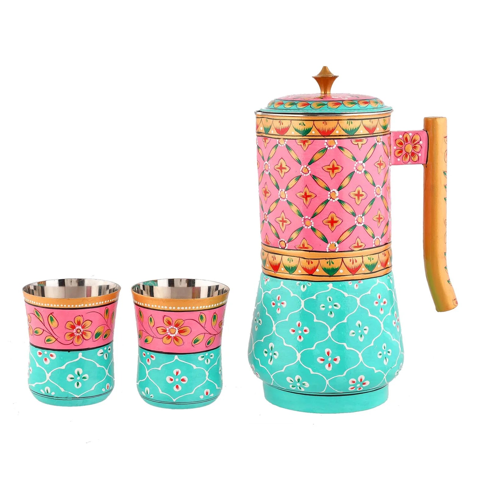 Aluminium Jug Set with 2 Glass Tumblers – 21 cm for kitchen décor ,Table Top , And Home Decoration