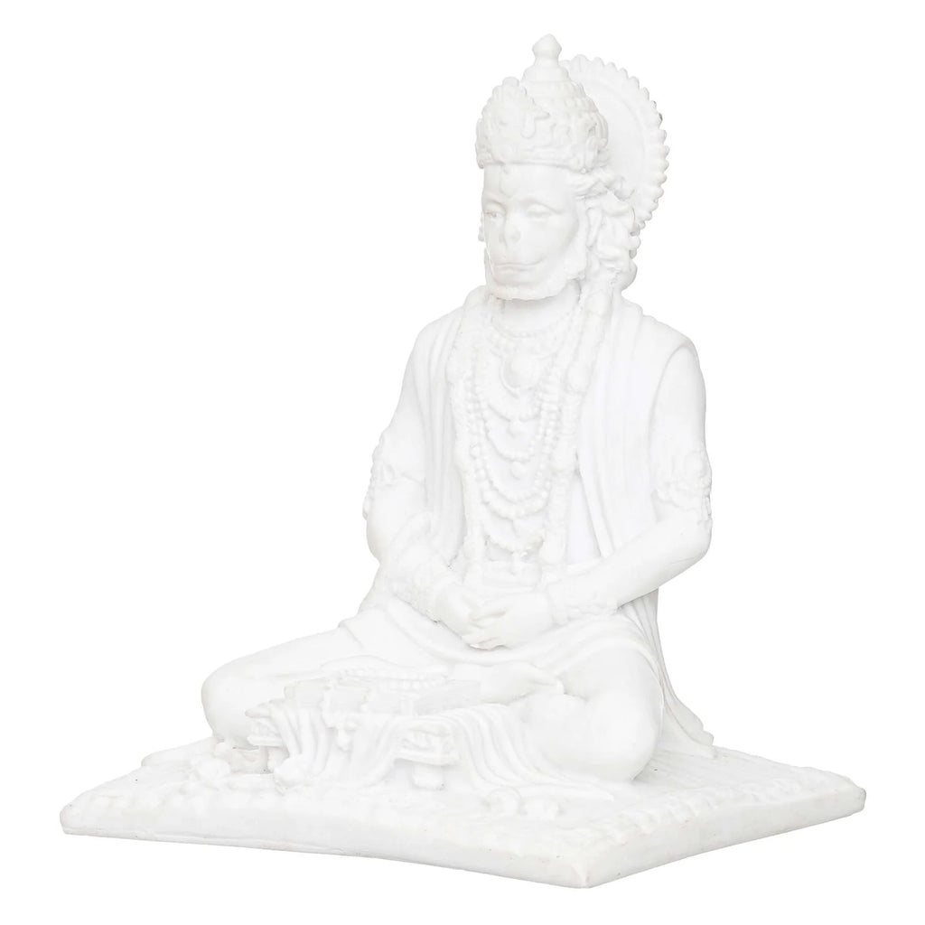 White Marble Lord Hanuman Ji Sitting Statue with gada & Reading Book Decorative Showpiece