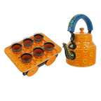 HandPainted Alluminium Tea Kettle with Six Glasses and Wooden Tray For Home Décor , Tea Party , Serving