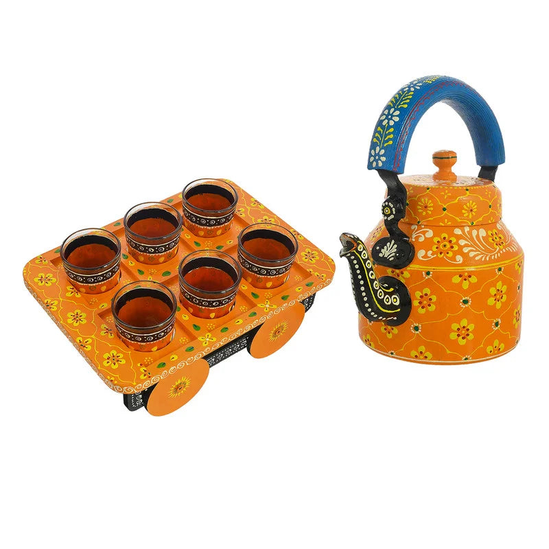 HandPainted Alluminium Tea Kettle with Six Glasses and Wooden Tray For Home Décor , Tea Party , Serving