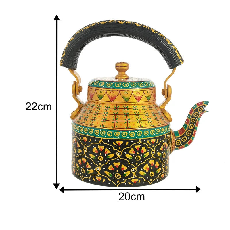 HandPainted Alluminium Tea Kettle with Four Glasses and Wooden Tray For Home Décor , Tea Party , Serving