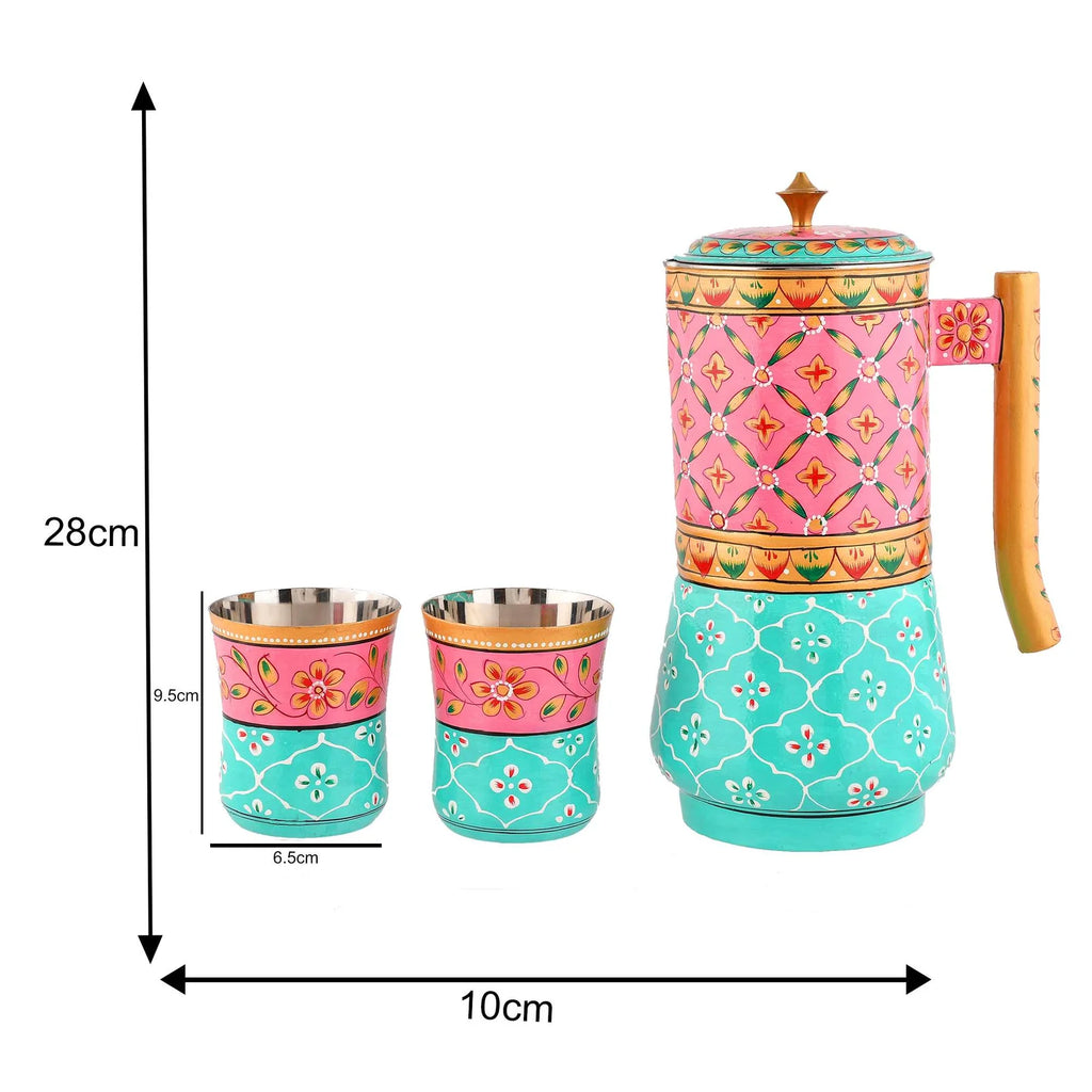 Aluminium Jug Set with 2 Glass Tumblers – 21 cm for kitchen décor ,Table Top , And Home Decoration