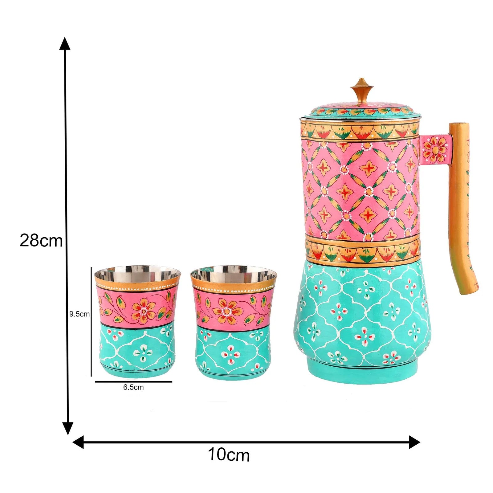 Aluminium Jug Set with 2 Glass Tumblers – 21 cm for kitchen décor ,Table Top , And Home Decoration