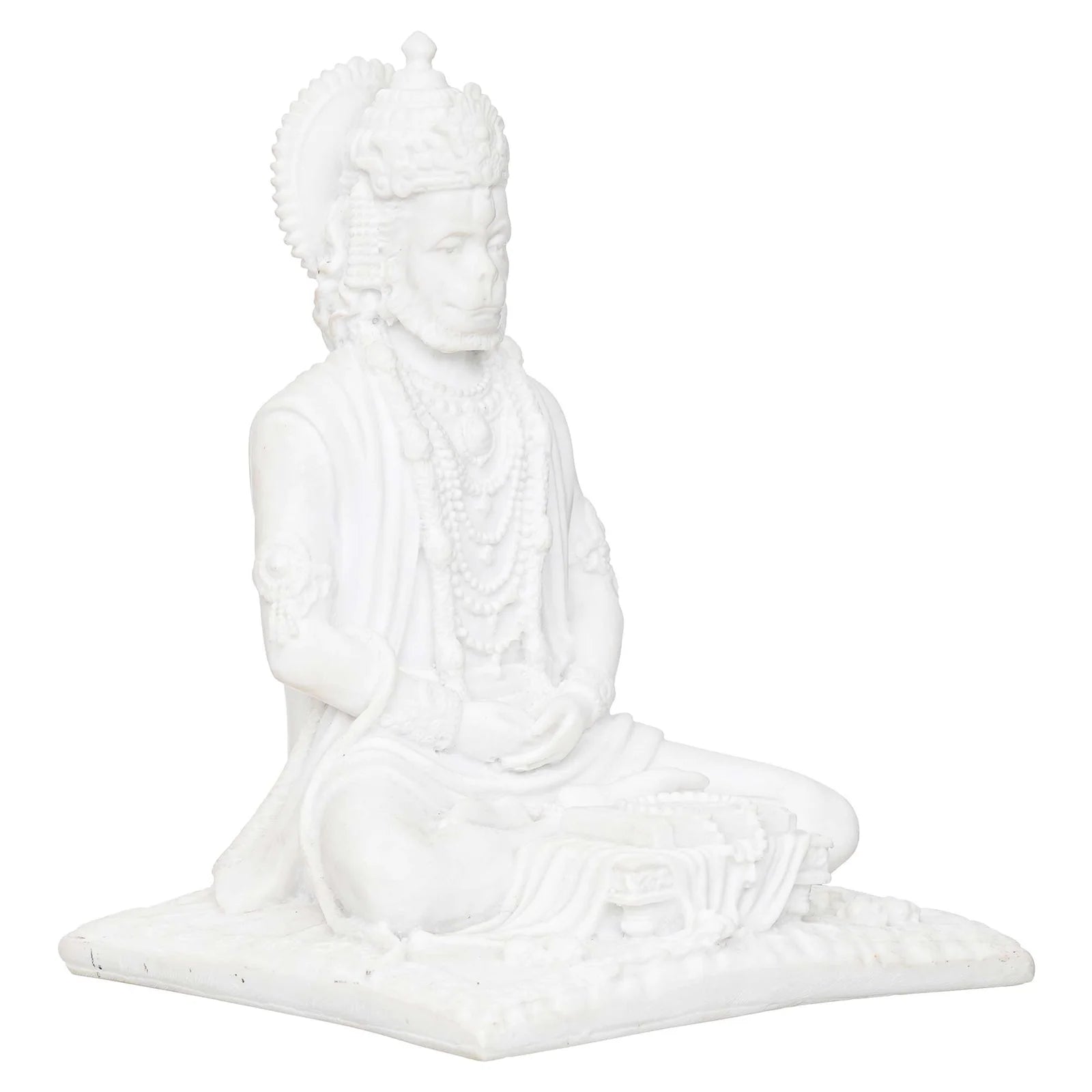 White Marble Lord Hanuman Ji Sitting Statue with gada & Reading Book Decorative Showpiece