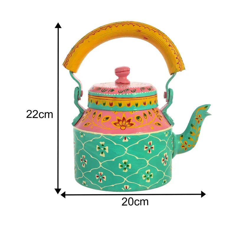 HandPainted Alluminium  Sea Green Tea Kettle with Four Glasses and Wooden Tray For Home Décor , Tea Party , Serving