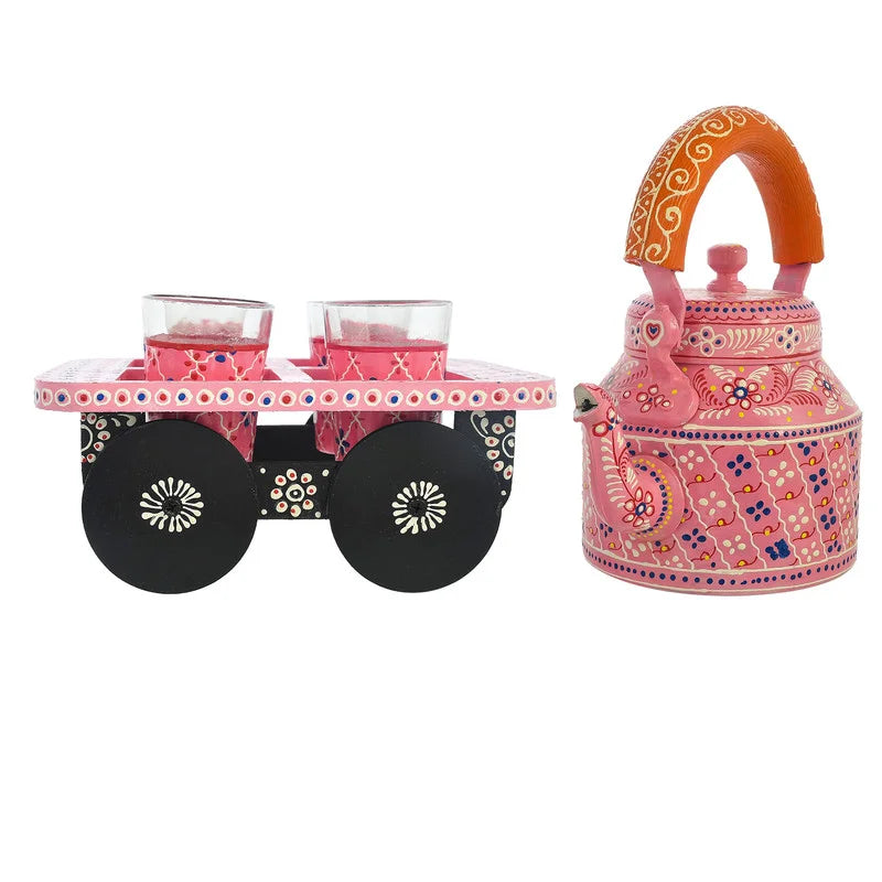 HandPainted Alluminium Tea Kettle with Four Glasses and Wooden Tray For Home Décor , Tea Party , Serving