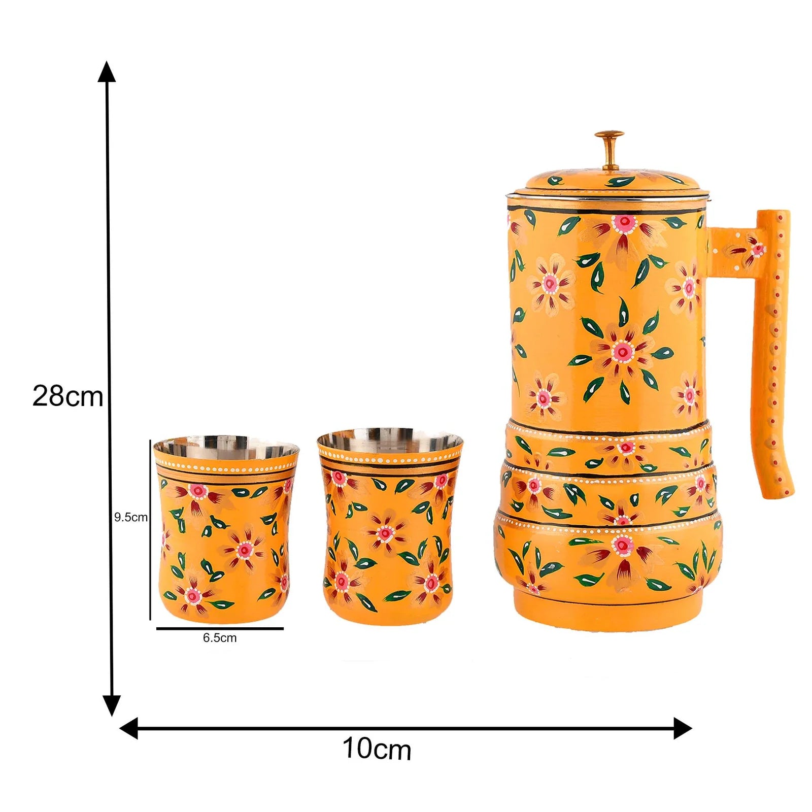 Aluminium Jug Set with 2 Glass Tumblers – 21 cm for kitchen décor ,Table Top , And Home Decoration