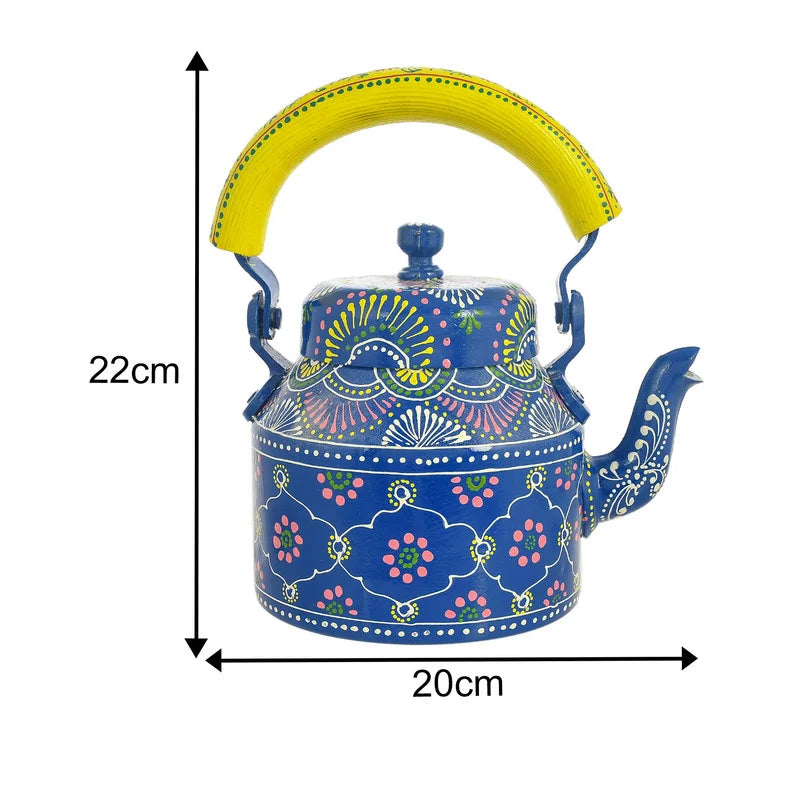 HandPainted Alluminium Tea Kettle with Six Glasses and Wooden Tray For Home Décor , Tea Party , Serving