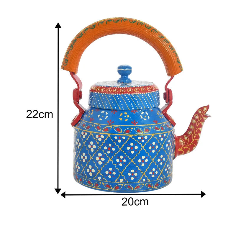 HandPainted Alluminium Tea Kettle with Six Glasses and Wooden Tray For Home Décor , Tea Party , Serving