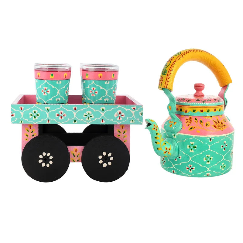 HandPainted Alluminium  Sea Green Tea Kettle with Four Glasses and Wooden Tray For Home Décor , Tea Party , Serving