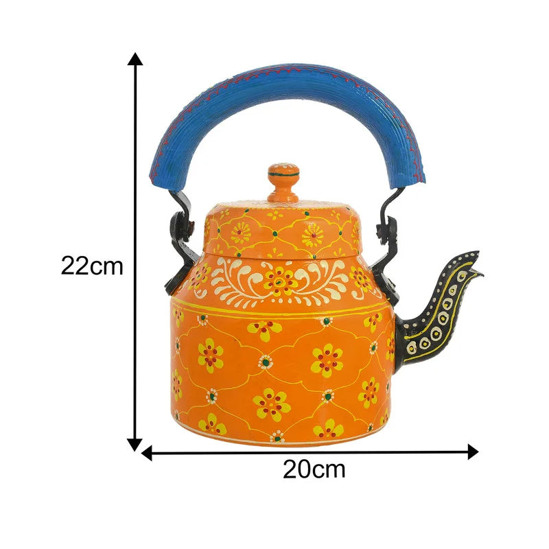HandPainted Alluminium Tea Kettle with Six Glasses and Wooden Tray For Home Décor , Tea Party , Serving
