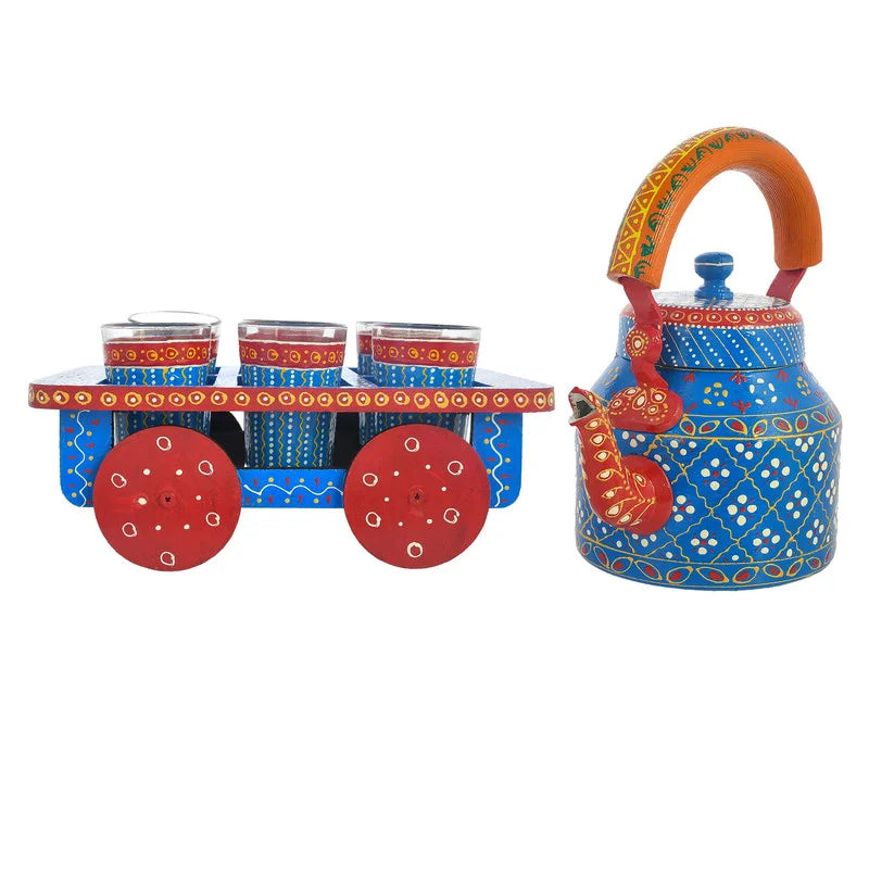 HandPainted Alluminium Tea Kettle with Six Glasses and Wooden Tray For Home Décor , Tea Party , Serving