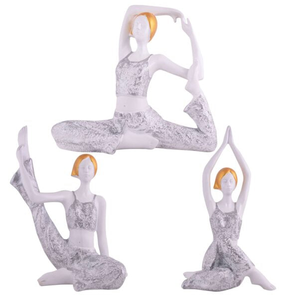 Suitable for home decor Yoga Posture Lady Statue Idol for Home Yoga Statue three pair admirable piece of gift (silver)